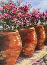 9x12 Signed Original Pink Flowers In Clay Pots Painting On Canvas Home Decor