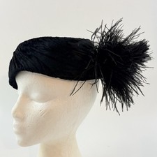 Black Velvet Draped Pillbox Hat Feather Plume Cocktail Church Funeral Vintage