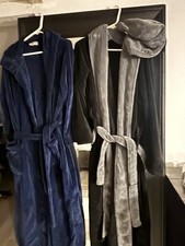 Alexander Del Rossa Unisex L Solid Hooded Belted Tie Robes Blue/Gray 2pc