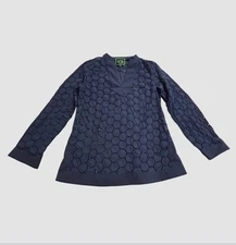 C Wonder Eyelet Tunic Women’s Small Long Sleeve Navy Blue Top 100% Cotton