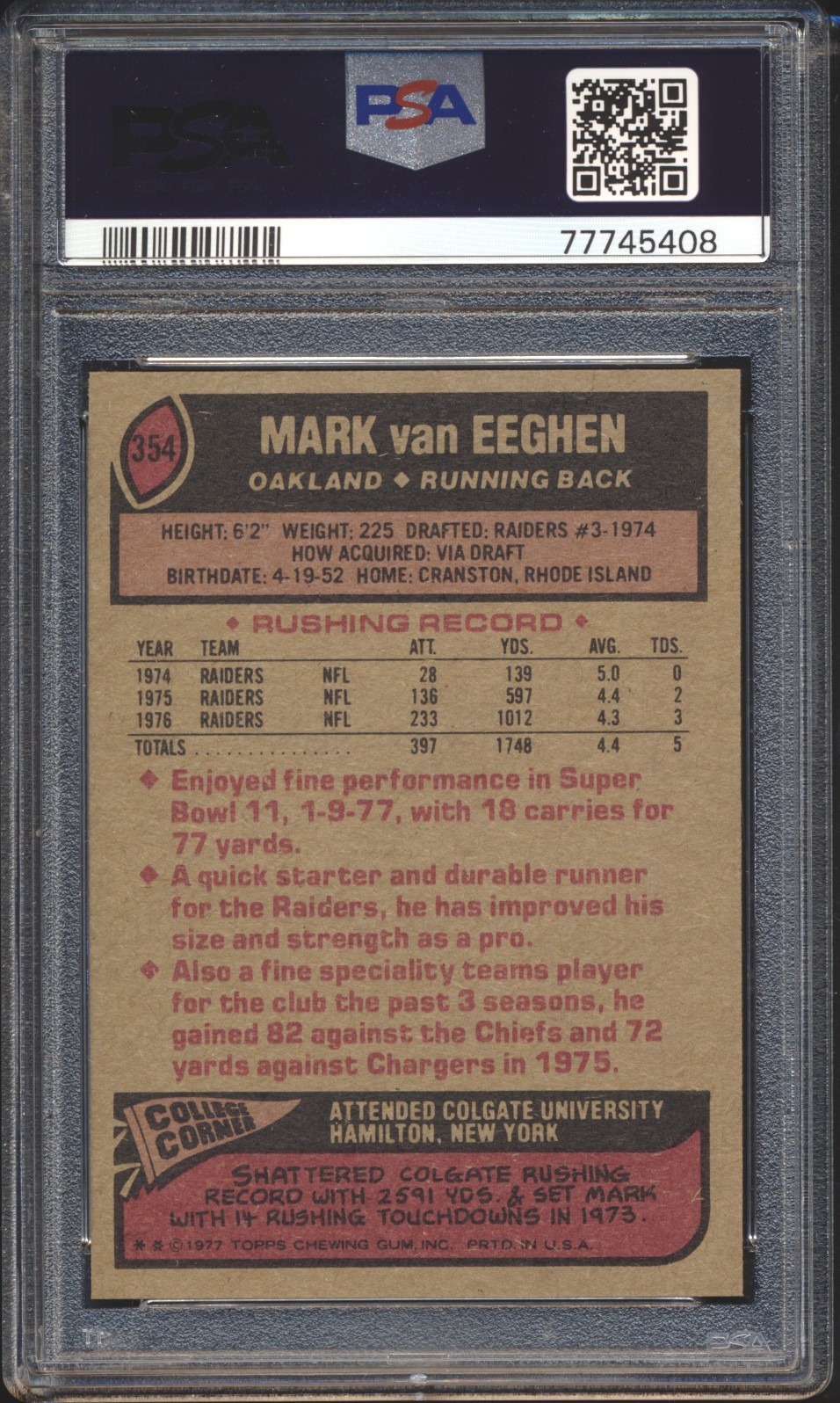 1977 Topps Football Mark Van Eeghen ROOKIE #354 PSA 10 RAIDERS GEM MINT POP 16 view 2