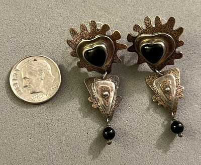 Vintage TABRA Signed 14K Gold Post 925 Sterling Brass Heart Onyx Dangle Earrings