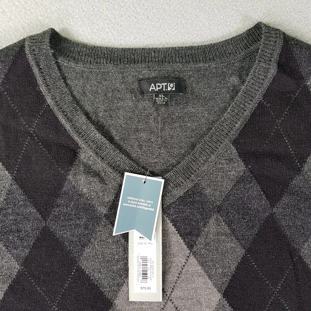 Apt 9 Argyle Sweater Mens Extra Large Tall Long Sleeve V Neck