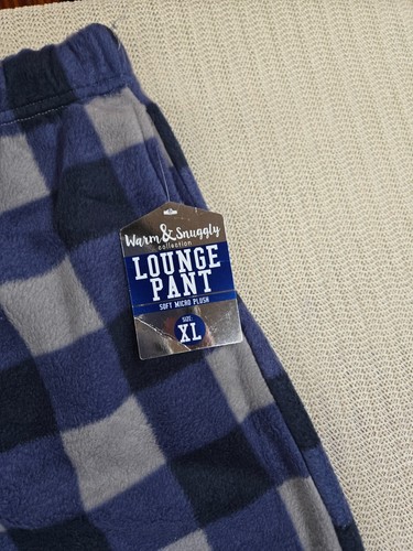 Mens Lounge Pants Sleepwear Pajamas Extra Large Blue Gray Fleece Plaid - New - Picture 4 of 10