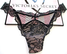 VICTORIA'S SECRET DREAM ANGELS Black Lace Thong Panty VS Mesh Dot M MEDIUM NWT