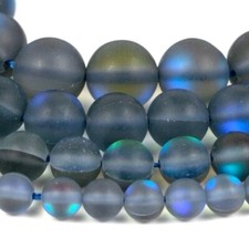 Matte Gray Mystic Aura Round Beads 15" Strand Frosted Mermaid Glass Moonstone
