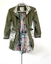 Bnci Women Field Jacket Utility Full Zip Pockets Small Olive Green Floral Lining