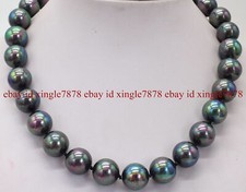 Natural 8/10/12/14mm Rainbow Black South Sea Shell Pearl Necklace 20"
