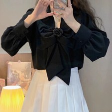 Women Lolita Bow Tie Shirts Tops Blouse Floral T-shirts Retro Fashion Casual