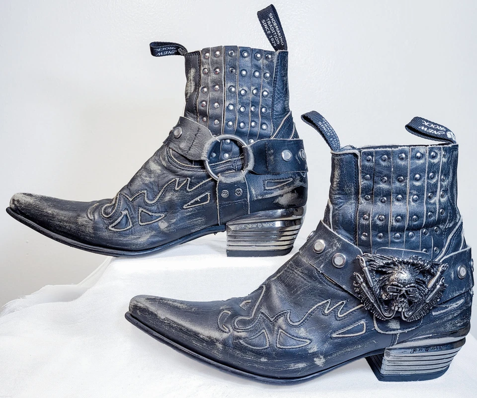 New Rock Western Goth Strap Skull Studded Boots Men's Size 41 - Image 2 of 4