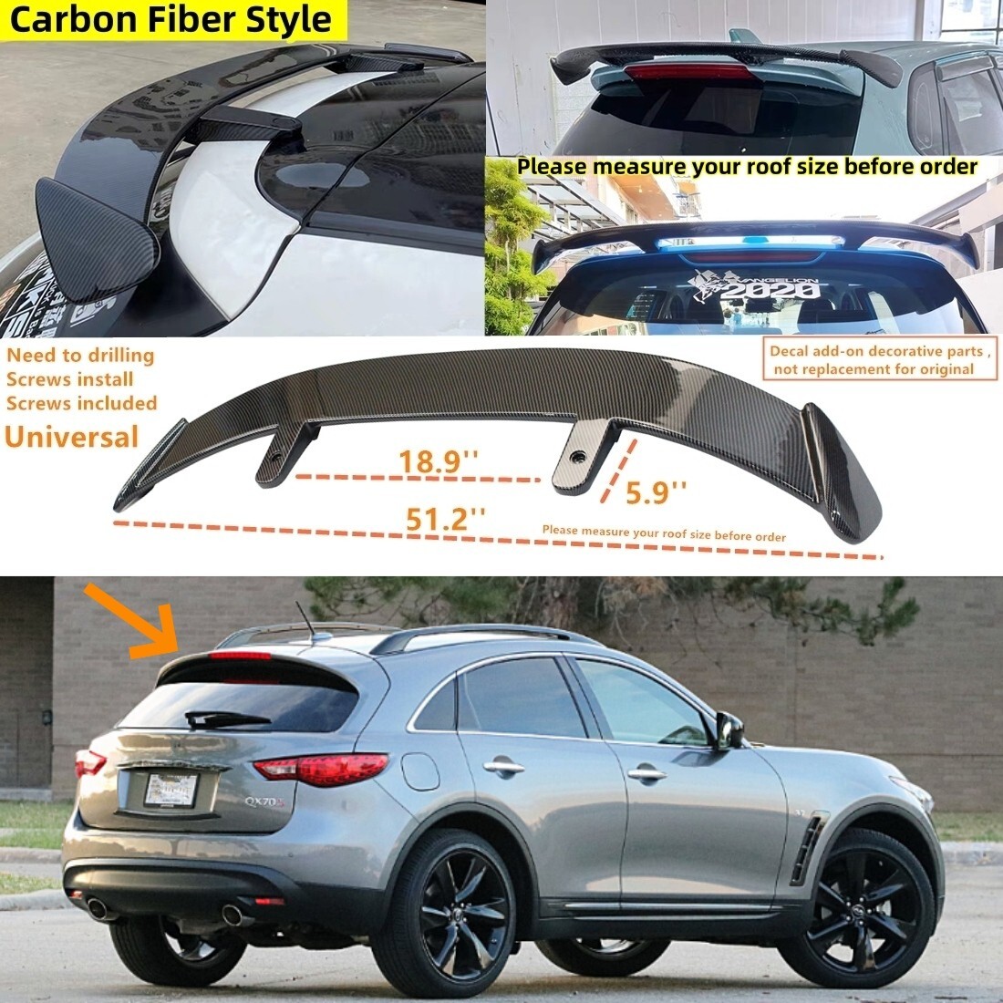 Universal Carbon Fiber Style Fits INFINITI QX70 Rear Window Roof
