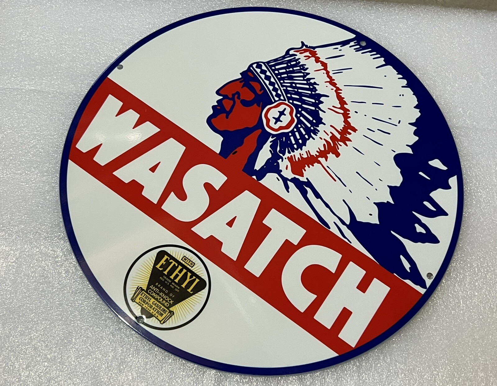 12in WASATCH indian ETHYL Gasoline Motor Oil Vintage Style Heavy Steel Sign