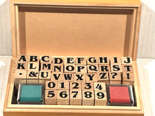 Stamp Collection Set Wooden Alphabet Numbers ABCs 123s Red Green Ink Wooden Box