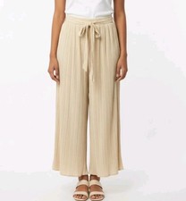 Zara Sz M Pants Pleated Cropped Super Wide Leg Belted, Pockets Cream Gold