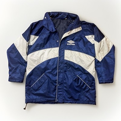 Umbro Jacket Mens XL Blue Grey Padded Hooded Full Zip Football Rainproof Coat