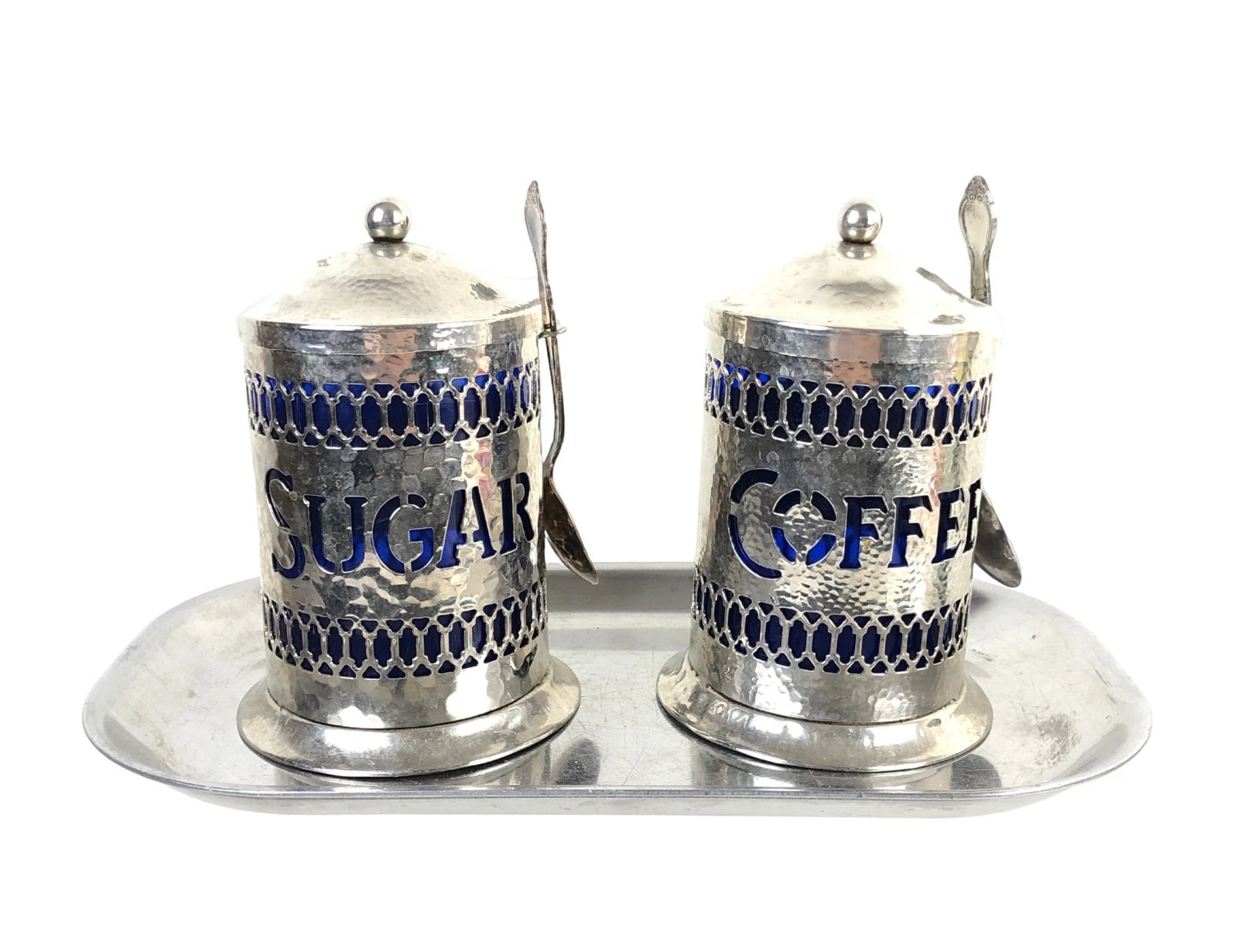 Vtg 1960s Coffee & Sugar Set Metal Canisters Cobalt Blue Liners Tray & Spoons