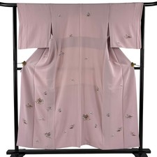 Japanese Silk Kimono S 153cm Pink House Grass and flowers Lined Gold thread 5525