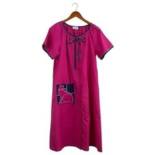 Vintage Samye Pink Cat Applique House Dress Muumuu Button Front USA Made Fuchsia