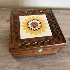VTG Antique Jewelry Trinket Box Carved Natural Wood Porcelain Retro Floral Tile