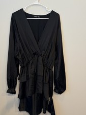 BOOHOO Satin Ruffle Tiered Skater Mini Dress Long Sleeve V-Neck Plus Size 28
