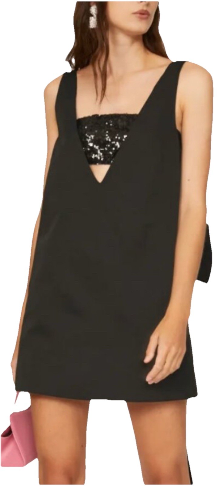 STAUD Irie Plunging V-Neck Oversized Bow Back Mini Dress Size S Black-Silver