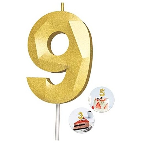 Number Birthday Candles(Candle) 3D Diamond Shape Number Happy Birthday 9 Gold