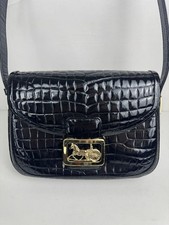Celine Women Bag Carriage Metal One Shoulder Crocodile Embossed Enamel Black Lim