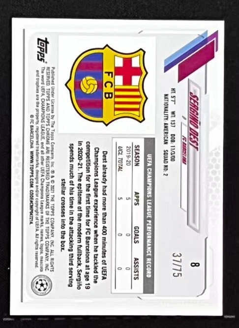 Sergino Dest 2020-21 Topps Chrome UCL Sapphire Edition Green 37/75 #8 - Image 2 of 2