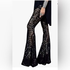 Black Women High Waist Wide Leg Palazzo Pants Sequin Bell Bottoms Trousers Large