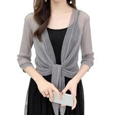 New Women Flared Sleeve Tie Front Sheer Cropped Cardigan Bolero Shrug Top Jacket