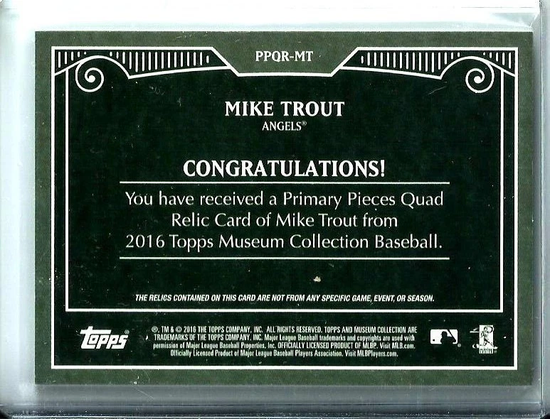 Mike Trout 2016 Topps Museum Primary Pieces Quad Relics Copper PPQR-MT # d 15/75 - Image 2 of 3