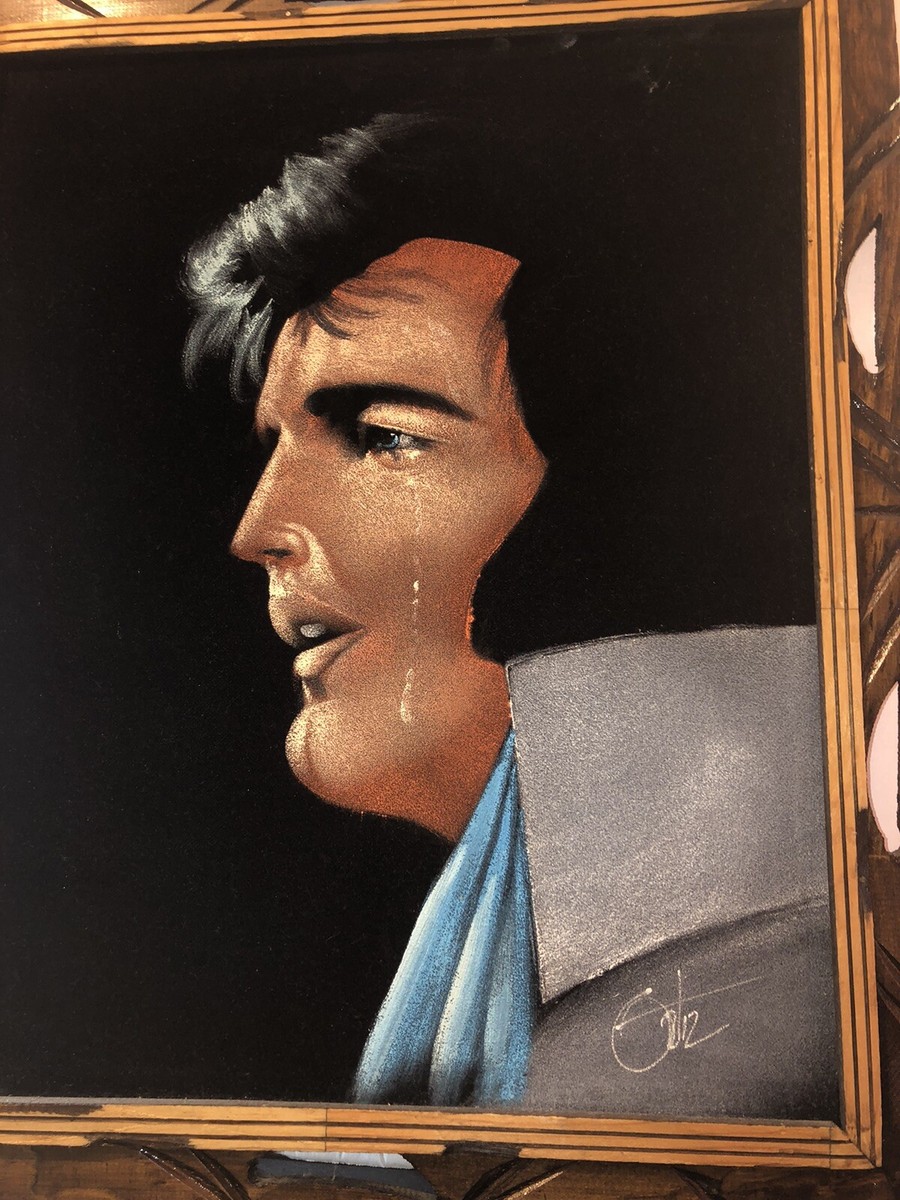 VTG Crying Black Velvet Elvis Presley Hand Painted Painting Wood