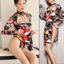 Sexy Kimono Bodycon Dress Low Cut Open Chest Cheongsam Qipao High Split Clubwear