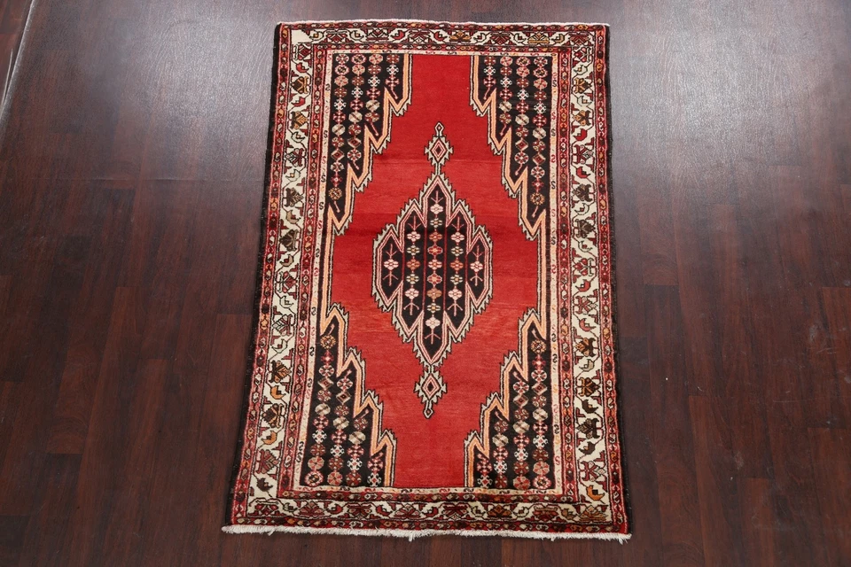 Geometric Semi Antique Hamedan Area Rug Traditional Hand-knotted Wool Carpet 4x7 - Image 2 of 4