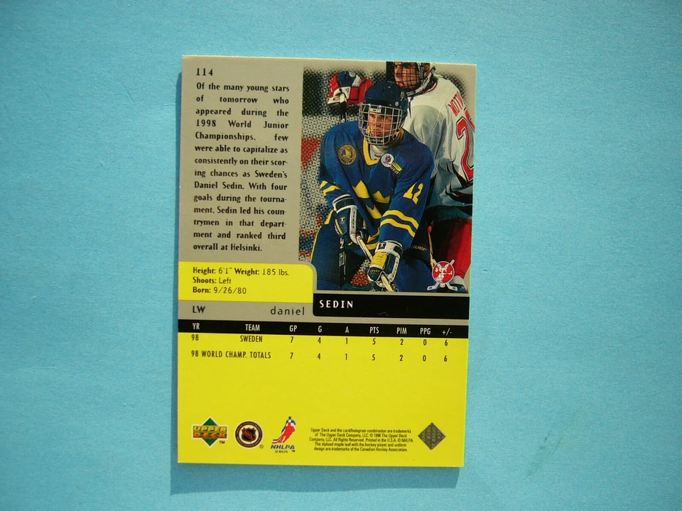1997/98 UPPER DECK BLACK DIAMOND HOCKEY CARD #114 DANIEL SEDIN ROOKIE NM SHARP!! - Image 2 of 2