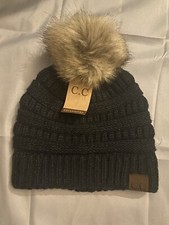 C.C Thick Cable Knit Faux Fuzzy Fur Pom Fleece Lined Skull Cap Cuff CC Beanie