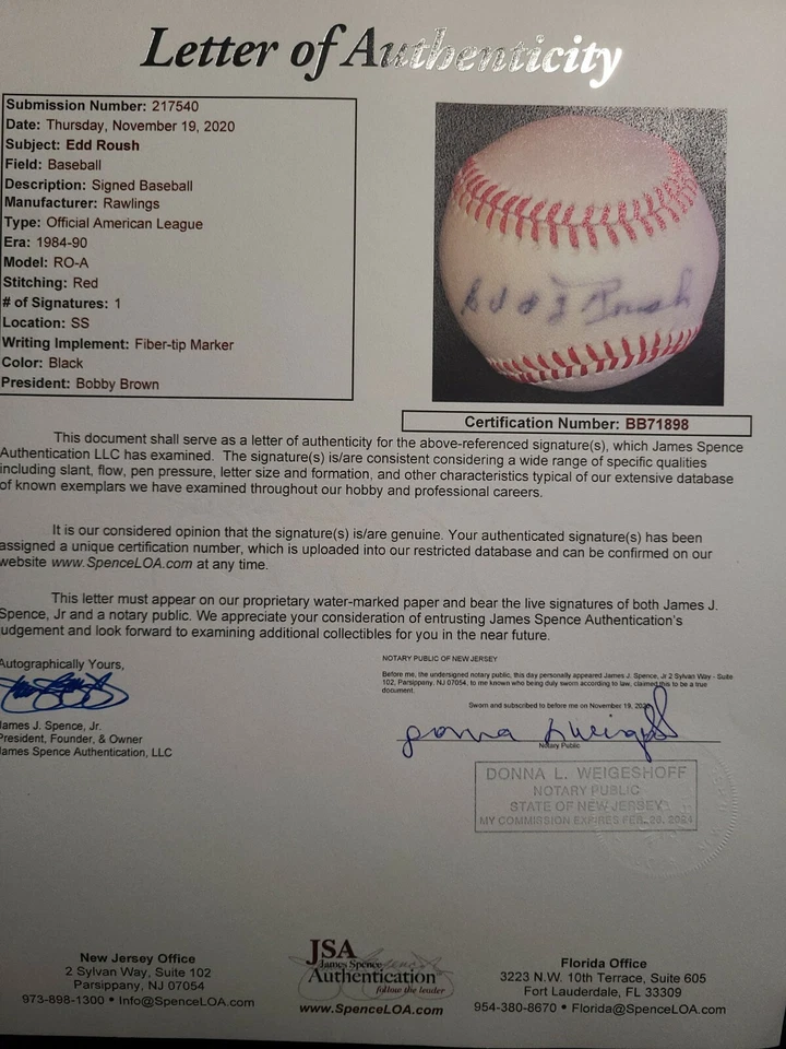 Edd Roush JSA Coa autograph American League OAL Hand Signed Baseball - Image 2 of 2