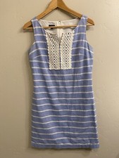 Talbots Size 4P Linen Blend Chambray Striped Sleeveless Shift Dress