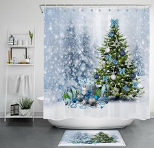 Merry Christmas Snow Scene Christmas Tree Shower Curtain Set for Bathroom Decor