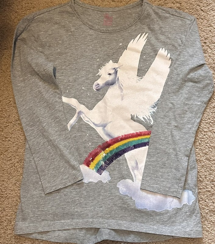Children's Place Girl M 7 8 Gray Long Sleeve Embellished Unicorn Top Rainbow
