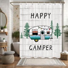 RV Shower Curtain Rustic Wood Happy Camper Shower Curtain for Travel Trailers...