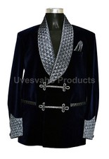 Men Smoking Jackets Bilberry Blue Shawl Collar Quilted Velvet Blazers Coats