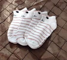 NEW 4 pairs cute kitty cat women ankle socks white, pink one size soft low cut