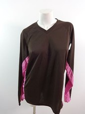 NWT LESLIE JORDAN WOMEN 100% POLY BROWN PINK STRIPE ATHLETIC JERSEY SHIRT SIZE L
