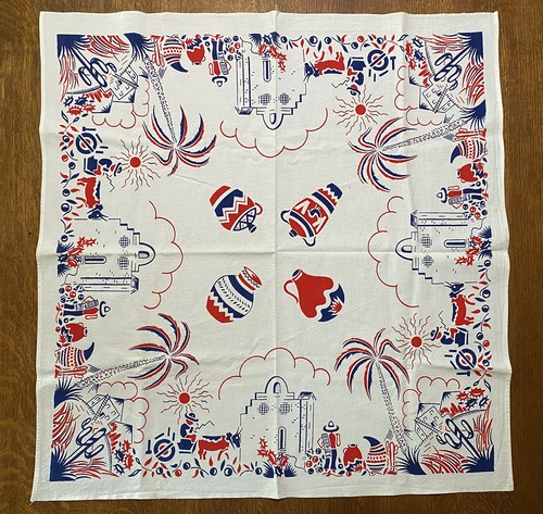 Vtg 40s 50s Tablecloth Table Topper Southwest Mexican Fiesta Red White Blue