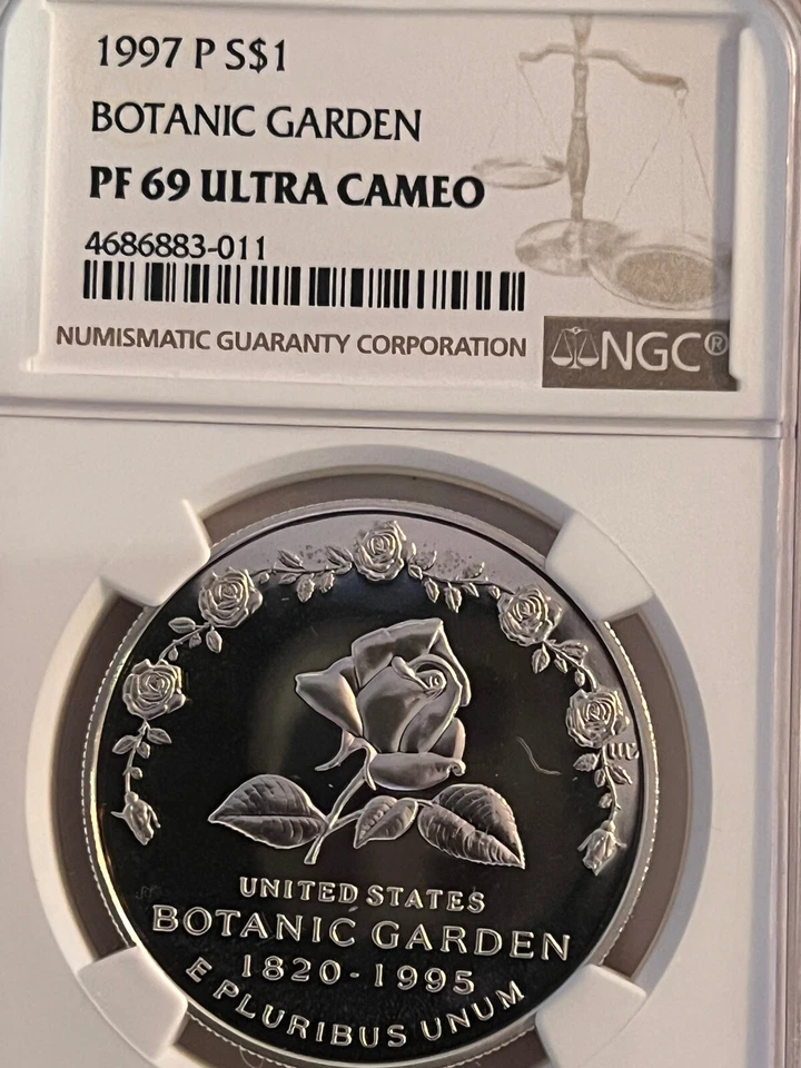 1997 P  1 oz 90% PROOF SILVER DOLLAR. BOTANIC GARDEN. NGC PF 69 UC +OGP+COA.     - Image 4 of 4
