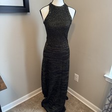 Vintage 80s International Boutique Black Gold Metallic Halter Maxi Dress 6