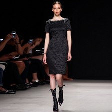 Occident Runway Womens Square Neck Beaded Rhinestone Short Sleeve Mid Long Dress