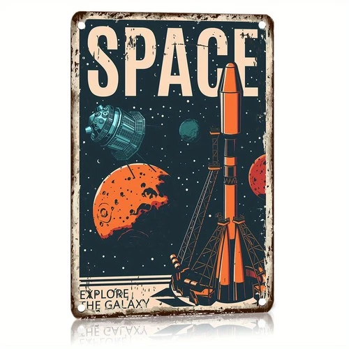 Vintage Space Themed Rocket Tin Metal Signs Home Décor 8x12