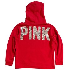 Victoria's Secret PINK Red Sequin Logo Sherpa Lined Hoodie Sweatshirt Large